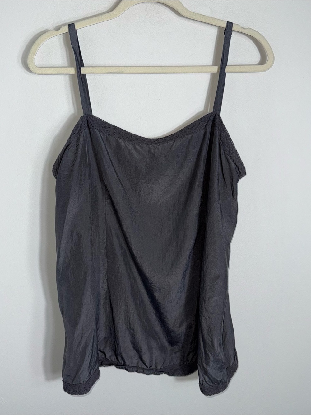 Eileen Fisher 100% Silk Sleeveless Blouse Tank Cami-Gray-Lace Trim-Size XL